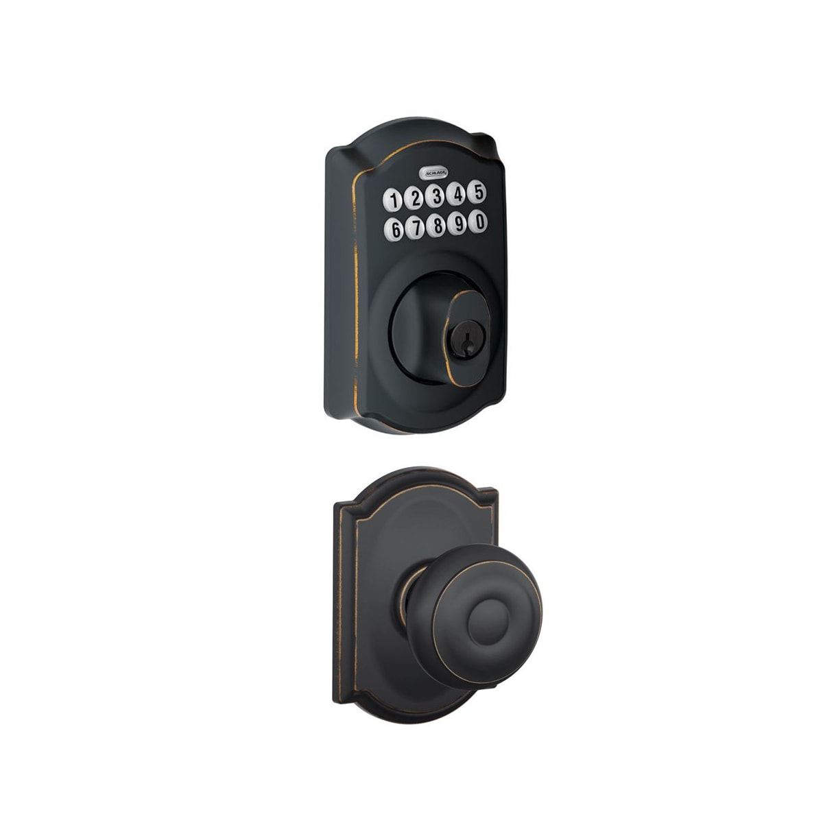 Schlage Camelot Keypad Handleset with Accent Lever Trim Aged