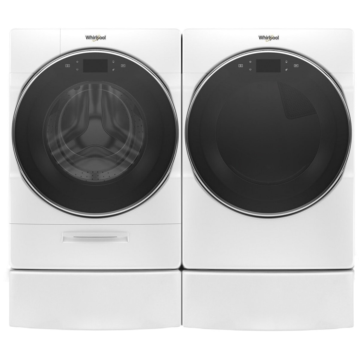 Whirlpool front load 4.5 cuft washer with load and go and top 7.4 cuft electric dryer in white