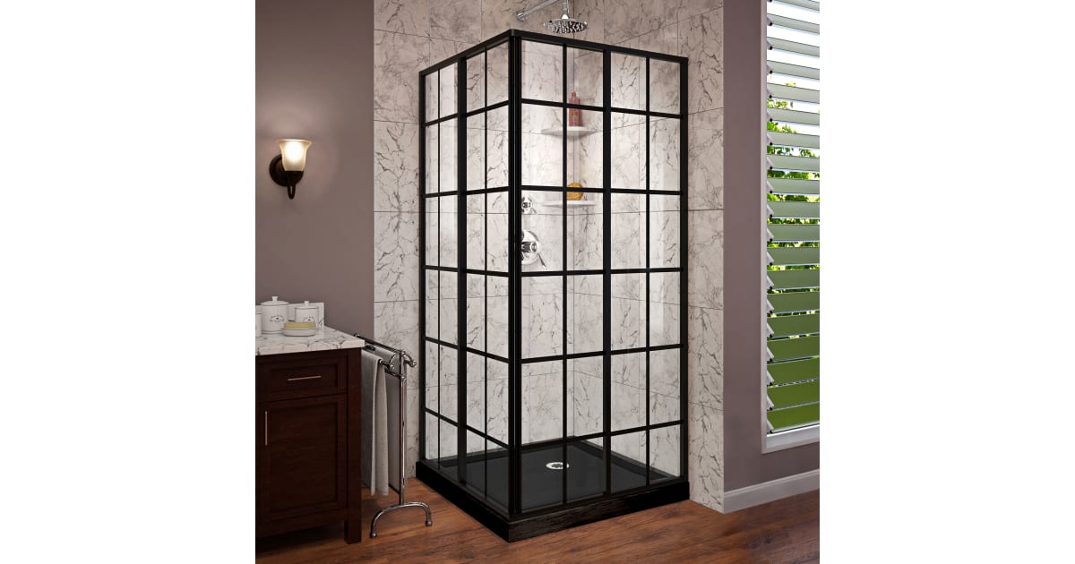 DreamLine DL-6790-09 French Corner 42 D x 42 W x 74 3/4 H Framed Sliding Shower Enclosure in Satin Black and Black Acrylic Base