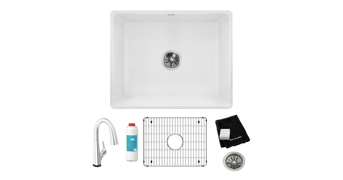Elkay SWUF2520WHFLC Fireclay 24 7/16 quot Farmhouse Single Basin Fireclay