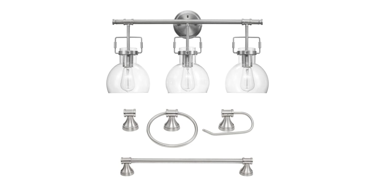 Set Bagno 5 Pezzi Globe Electric Walker - Nichel Spazzolato Con Specchio A 3 Luci Dimmerabile