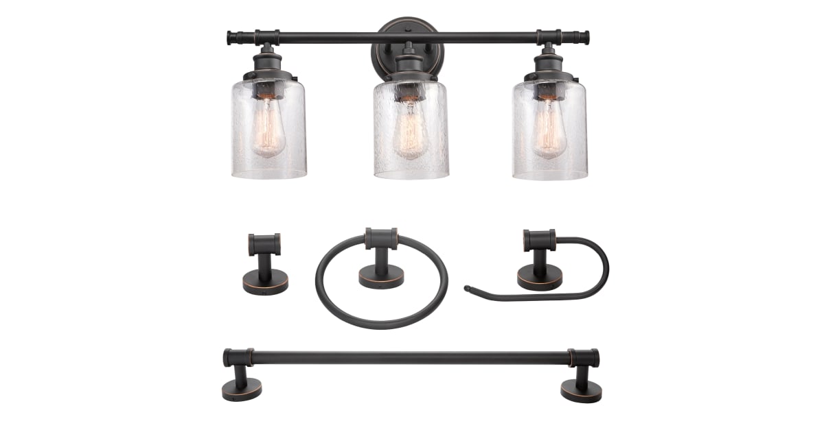 Globe Electric 51638 5-Piece Bathroom Hardware Set – 3-Light Vanity, Towel Bar, Ring, Robe Hook & Toilet Paper Holder, Matte Brass Finish