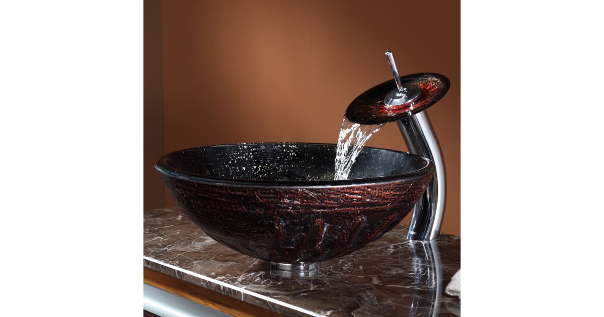 Kraus GV-200-CH Irruption Red Glass Vessel Sink – 16.5" Tempered Glass Bathroom Basin With Chrome Drain