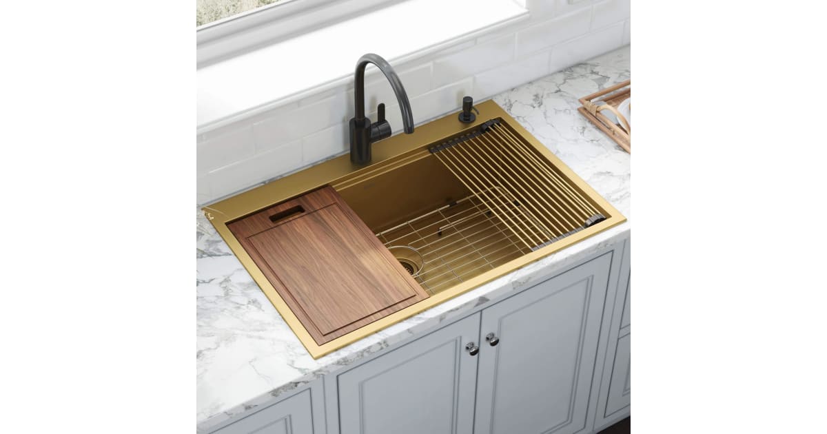 Ruvati RVH5003GG Giana 33" Drop In Single Basin Stainless Steel Kitchen Sink with Basin Rack, Basket Strainer and Cutting Board | Ferguson Home