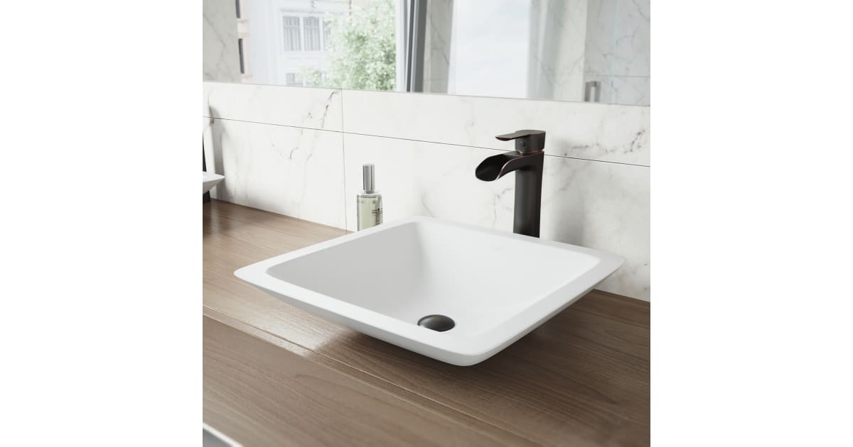VIGO Matte Stone Starr Composite Square Vessel Bathroom Sink In White With Niko Faucet And Drain In Chrome Vgt2037 - View #11