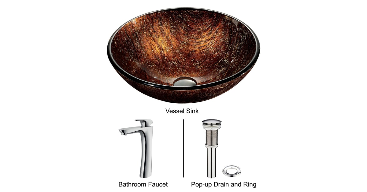 Vigo VGT191 16-1/2" Bathroom Vessel Sink and Faucet Combo, Kenyan ...