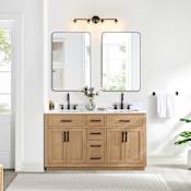 Altair Gavino 60" Free Standing Double Basin Vanity Set with Cabinet, Stone Composite Vanity Top, and Framed Mirror Light Brown