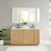Altair Clayton 60" Free Standing Double Basin Vanity Set with Cabinet, Engineered Stone Vanity Top, and Framed Mirror Washed Light Brown
