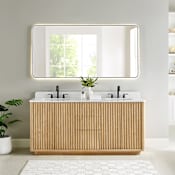 Altair Clayton 72" Free Standing Double Basin Vanity Set with Cabinet, Engineered Stone Vanity Top, and Framed Mirror Washed Light Brown