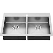 American Standard Edgewater 32-11/16" Drop In or Undermount Double Basin Stainless Steel Kitchen Sink with Basket Strainer, Basin Rack, and Sound Dampening Technology Stainless Steel