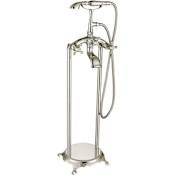 Anzzi Tugela 1.8 GPM Floor Mounted Single Hole Tub Filler Trim with Metal Cross Handles - Includes Personal Hand Shower Brushed Nickel