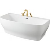 Anzzi Bank 64.9" Free Standing Acrylic Soaking Tub with Center Drain, Drain Assembly, and Overflow - Includes Tub Filler with Hand Shower Brushed Gold