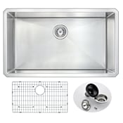 Anzzi Vanguard 32-3/4" Single Basin Stainless Steel Kitchen Sink for Undermount Installations - Basin Rack and Basket Strainer Included Satin