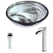 Anzzi Mezzo Brass and Glass Deck Mounted or Vessel Bathroom Sink with Key Series 1.5 GPM Faucet - Includes Drain Assembly Emerald Wisp / Brushed Nickel