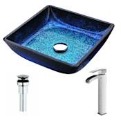 Anzzi Viace Brass and Glass Deck Mounted or Vessel Bathroom Sink with Key Series 1.5 GPM Faucet - Includes Drain Assembly Blazing Blue / Brushed Nickel