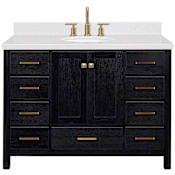 Ariel Cambridge 48" Free Standing Single Basin Vanity Set with Cabinet, Quartz Vanity Top, and Oval Bathroom Sink Black Oak / Carrara White Quartz / Satin Brass Hardware