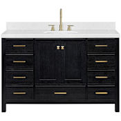 Ariel Cambridge 54" Free Standing Single Basin Vanity Set with Cabinet, Quartz Vanity Top, and Oval Bathroom Sink Black Oak / Carrara White Quartz / Satin Brass Hardware