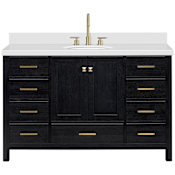 Ariel Cambridge 54" Free Standing Single Basin Vanity Set with Cabinet, Quartz Vanity Top, and Oval Bathroom Sink Black Oak / Pure White Quartz / Satin Brass Hardware