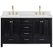 Ariel Cambridge 60" Free Standing Double Basin Vanity Set with Cabinet and Quartz Vanity Top Black Oak / Carrara White Quartz / Satin Brass Hardware