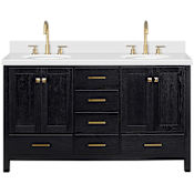 Ariel Cambridge 61" Free Standing Double Basin Vanity Set with Cabinet and Quartz Vanity Top Black Oak / Pure White Quartz / Satin Brass Hardware