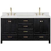 Ariel Cambridge 67" Free Standing Double Basin Vanity Set with Cabinet and Quartz Vanity Top Black Oak / Carrara White Quartz / Satin Brass Hardware