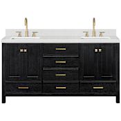 Ariel Cambridge 67" Free Standing Double Basin Vanity Set with Cabinet and Quartz Vanity Top Black Oak / Carrara White Quartz / Satin Brass Hardware