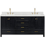 Ariel Cambridge 72" Free Standing Double Basin Vanity Set with Cabinet, Quartz Vanity Top, and Rectangular Bathroom Sink Black Oak / Carrara White Quartz / Satin Brass Hardware