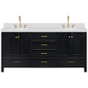 Ariel Cambridge 72" Free Standing Double Basin Vanity Set with Cabinet, Quartz Vanity Top, and Oval Bathroom Sink Black Oak / Pure White Quartz / Satin Brass Hardware