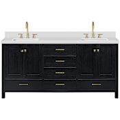 Ariel Cambridge 72" Free Standing Double Basin Vanity Set with Cabinet, Quartz Vanity Top, and Rectangular Sink Black Oak / Pure White Quartz / Satin Brass Hardware