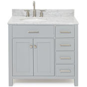 Ariel Bristol 37" Free Standing Single Oval Basin Vanity Set with Left Offset Cabinet and 3/4" Thick Carrara Marble Vanity Top Grey
