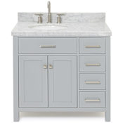 Ariel Bristol 37" Free Standing Single Oval Basin Vanity Set with Left Offset Cabinet and 1-1/2" Thick Carrara Marble Vanity Top Grey