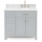 Ariel Bristol 37" Free Standing Single Oval Basin Vanity Set with Right Offset Cabinet and 3/4" Thick Carrara Marble Vanity Top Grey