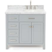 Ariel Bristol 37" Free Standing Single Oval Basin Vanity Set with Right Offset Cabinet and 1-1/2" Thick Carrara Marble Vanity Top Grey