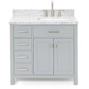 Ariel Bristol 37" Free Standing Single Rectangular Basin Vanity Set with Right Offset Cabinet and 1-1/2" Thick Carrara Marble Vanity Top Grey