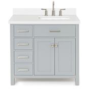 Ariel Bristol 37" Free Standing Single Rectangular Basin Vanity Set with Right Offset Cabinet and 1-1/2" Thick Quartz Vanity Top Grey
