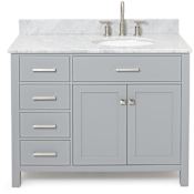 Ariel Bristol 43" Free Standing Single Oval Basin Vanity Set with Right Offset Cabinet and 3/4" Thick Carrara Marble Vanity Top Grey