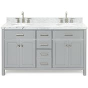 Ariel Bristol 61" Free Standing Double Oval Basin Vanity Set with Cabinet and 1-1/2" Thick Carrara Marble Vanity Top Grey