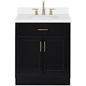 Ariel Hepburn 31" Free Standing Single Oval Basin Vanity Set with Cabinet and Quartz Vanity Top Black / Pure White Quartz Top / Satin Brass Hardware