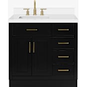 Ariel Hepburn 37" Free Standing Single Left Offset Basin Vanity Set with Cabinet and Quartz Vanity Top Black / Pure White Quartz Top / Satin Brass Hardware