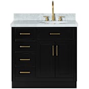 Ariel Hepburn 37" Free Standing Single Right Offset Oval Basin Vanity Set with Cabinet and Marble Vanity Top Black / Italian Carrara Marble Top / Satin Brass Hardware