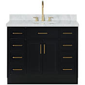 Ariel Hepburn 43" Free Standing Single Oval Basin Vanity Set with Cabinet and Marble Vanity Top Black / Italian Carrara Marble Top / Satin Brass Hardware