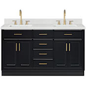 Ariel Hepburn 60" Free Standing Double Basin Vanity Set with Cabinet and Quartz Vanity Top Black / Carrara White Quartz Top / Satin Brass Hardware