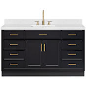 Ariel Hepburn 60" Free Standing Single Basin Vanity Set with Cabinet and Quartz Vanity Top Black / Carrara White Quartz Top / Satin Brass Hardware