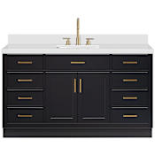 Ariel Hepburn 61" Free Standing Single Basin Vanity Set with Cabinet and Quartz Vanity Top Black / Pure White Quartz Top / Satin Brass Hardware