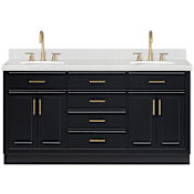 Ariel Hepburn 66" Free Standing Double Oval Basin Vanity Set with Cabinet and Quartz Vanity Top Black / Carrara White Quartz Top / Satin Brass Hardware