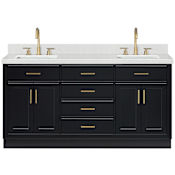 Ariel Hepburn 66" Free Standing Double Basin Vanity Set with Cabinet and Quartz Vanity Top Black / Carrara White Quartz Top / Satin Brass Hardware