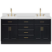 Ariel Hepburn 67" Free Standing Double Oval Basin Vanity Set with Cabinet and Quartz Vanity Top Black / Pure White Quartz Top / Satin Brass Hardware