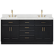 Ariel Hepburn 72" Free Standing Double Basin Vanity Set with Cabinet and Quartz Vanity Top Black / Carrara White Quartz Top / Satin Brass Hardware