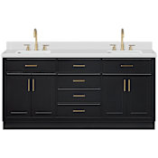 Ariel Hepburn 73" Free Standing Double Basin Vanity Set with Cabinet and Quartz Vanity Top Black / Pure White Quartz Top / Satin Brass Hardware