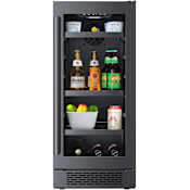Avallon 15 Inch Wide 86 Can Beverage Center with LED Lighting Door Lock and Left Hinge Black Stainless Steel